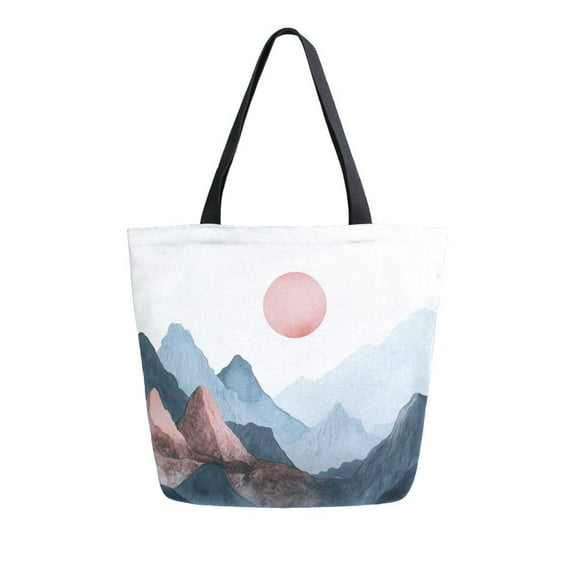 FORMRS Womens Canvas Tote Bag with Zipper Inner Pocket Shoulder Handbag, Art Mountain and Sun Pattern