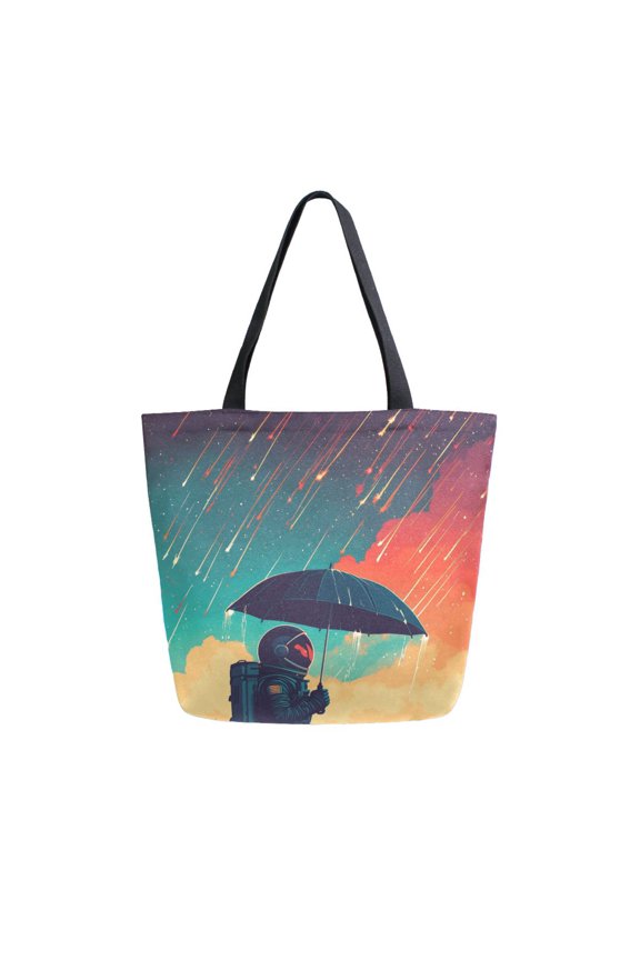 Womens Canvas Tote Bag with Zipper Inner Pocket Shoulder Handbag, Astronaut and Sky