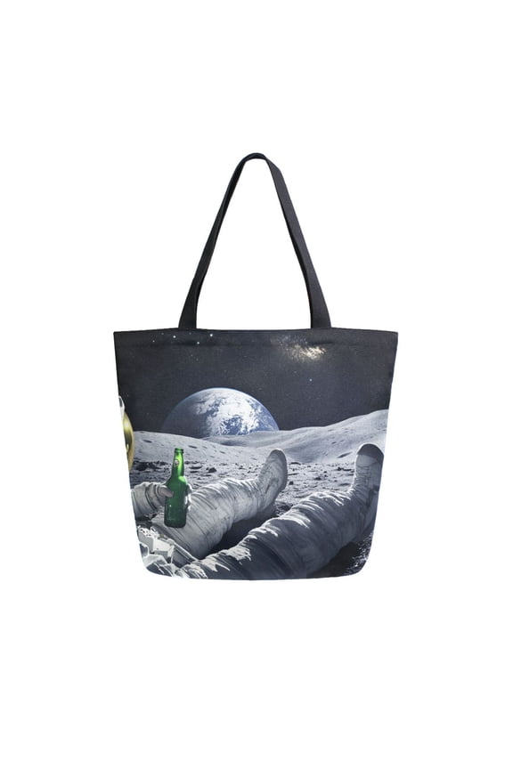 Womens Canvas Tote Bag with Zipper Inner Pocket Shoulder Handbag, Astronaut with Beer