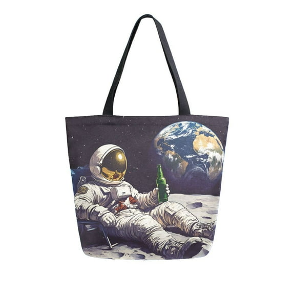 FORMRS Womens Canvas Tote Bag with Zipper Inner Pocket Shoulder Handbag, Beige Astronaut