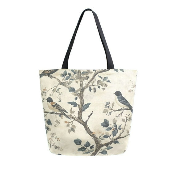 FORMRS Womens Canvas Tote Bag with Zipper Inner Pocket Shoulder Handbag, Beige Birds