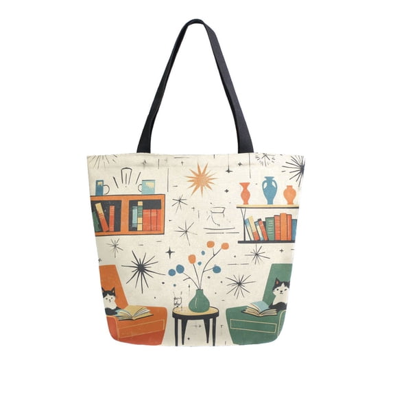 FORMRS Womens Canvas Tote Bag with Zipper Inner Pocket Shoulder Handbag, Beige Cats Reading
