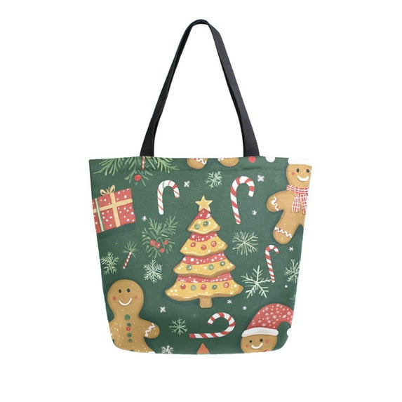 FORMRS Womens Canvas Tote Bag with Zipper Inner Pocket Shoulder Handbag, Beige Christmas Gingerbread