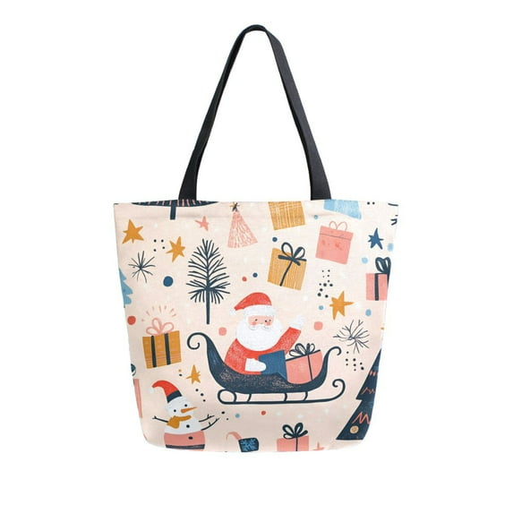 FORMRS Womens Canvas Tote Bag with Zipper Inner Pocket Shoulder Handbag, Beige Christmas Santa
