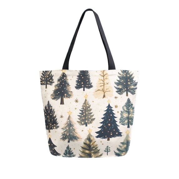 FORMRS Womens Canvas Tote Bag with Zipper Inner Pocket Shoulder Handbag, Beige Christmas Trees