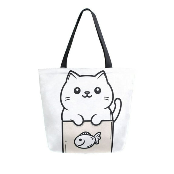 FORMRS Womens Canvas Tote Bag with Zipper Inner Pocket Shoulder Handbag, Beige Chubby Cat