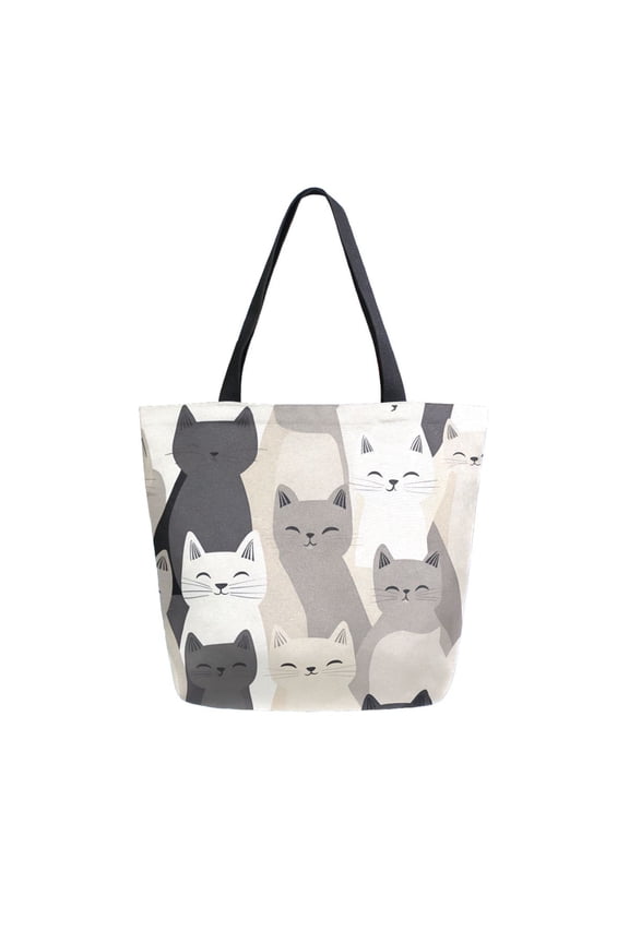 Womens Canvas Tote Bag with Zipper Inner Pocket Shoulder Handbag, Beige Cute Cats