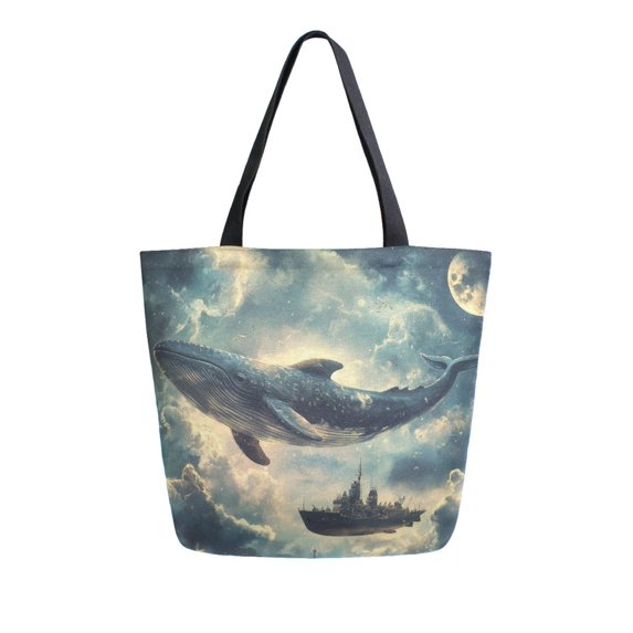 FORMRS Womens Canvas Tote Bag with Zipper Inner Pocket Shoulder Handbag, Beige Floating Whale