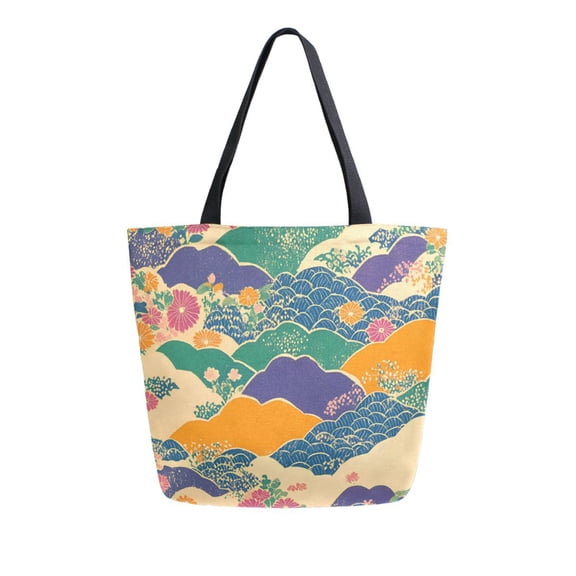 FORMRS Womens Canvas Tote Bag with Zipper Inner Pocket Shoulder Handbag, Beige Floral Wave