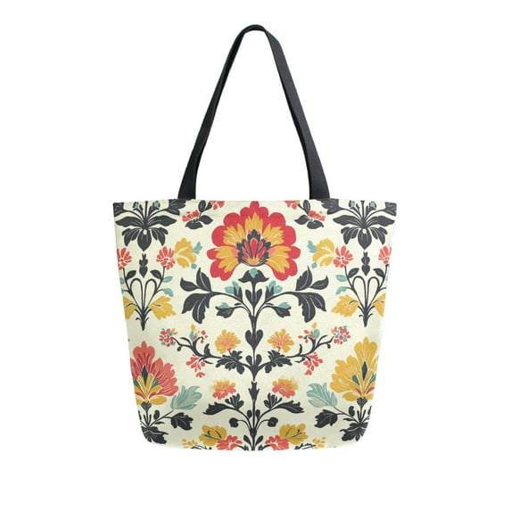 FORMRS Womens Canvas Tote Bag with Zipper Inner Pocket Shoulder Handbag, Beige Floral