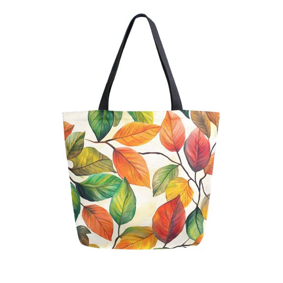 FORMRS Womens Canvas Tote Bag with Zipper Inner Pocket Shoulder Handbag, Beige Leaves