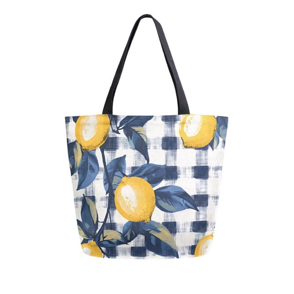 FORMRS Womens Canvas Tote Bag with Zipper Inner Pocket Shoulder Handbag, Beige Plaid Lemon