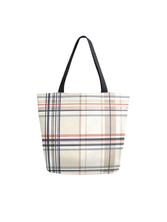 Womens Canvas Tote Bag with Zipper Inner Pocket Shoulder Handbag, Beige Plaid Pattern