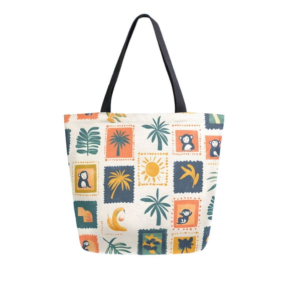 FORMRS Womens Canvas Tote Bag with Zipper Inner Pocket Shoulder Handbag, Beige Playful Stamp