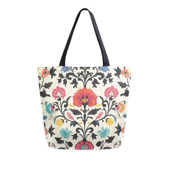 FORMRS Womens Canvas Tote Bag with Zipper Inner Pocket Shoulder Handbag, Beige Red Floral