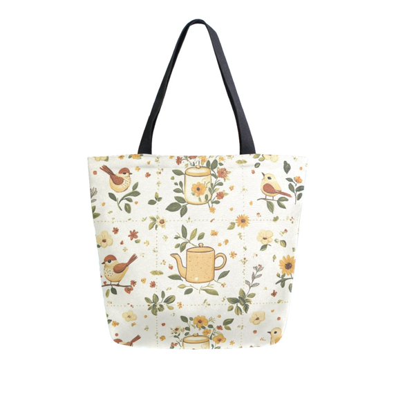 FORMRS Womens Canvas Tote Bag with Zipper Inner Pocket Shoulder Handbag, Birds Sunflowers