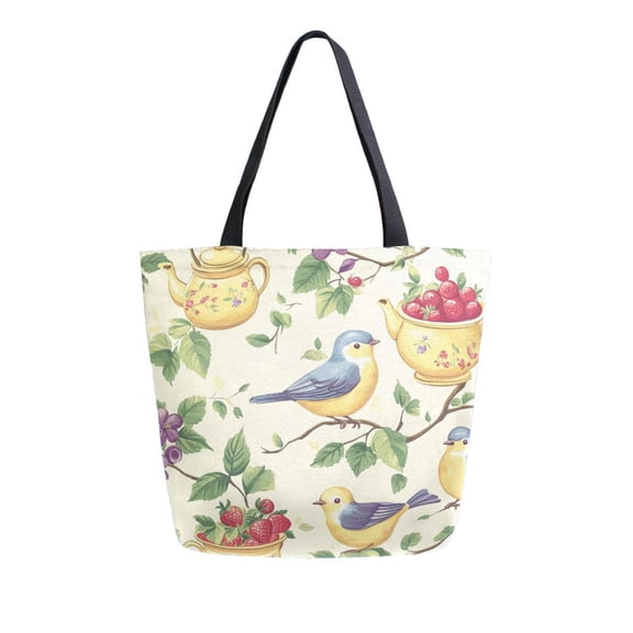FORMRS Womens Canvas Tote Bag with Zipper Inner Pocket Shoulder Handbag, Birds with Strawberries
