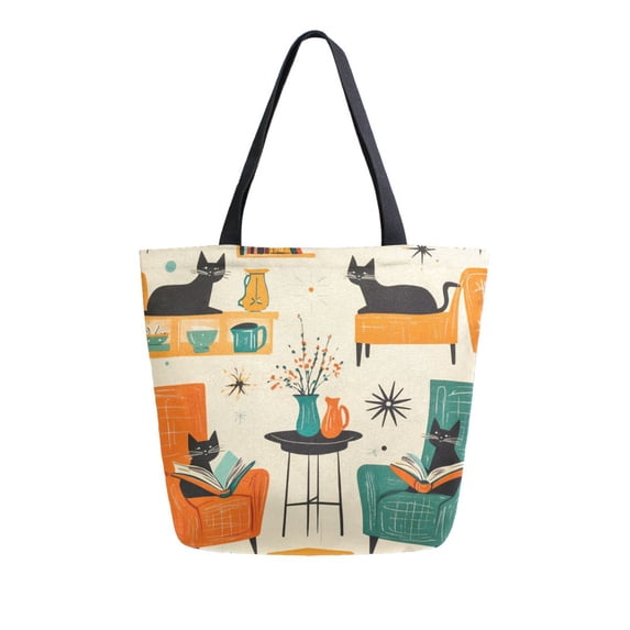 FORMRS Womens Canvas Tote Bag with Zipper Inner Pocket Shoulder Handbag, Black Cats Reading