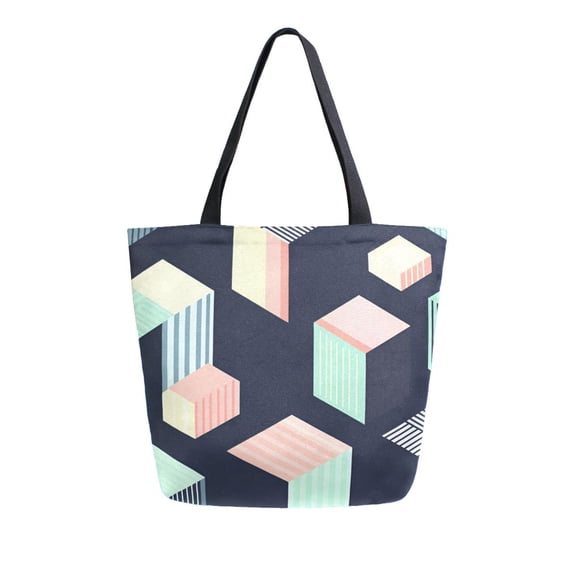 FORMRS Womens Canvas Tote Bag with Zipper Inner Pocket Shoulder Handbag, Black Cubes