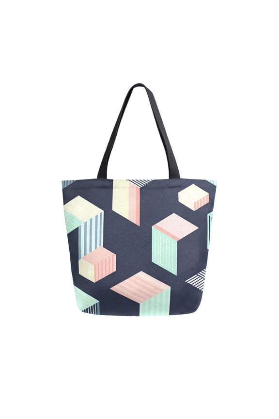 Womens Canvas Tote Bag with Zipper Inner Pocket Shoulder Handbag, Black Cubes