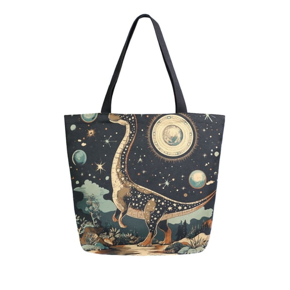 FORMRS Womens Canvas Tote Bag with Zipper Inner Pocket Shoulder Handbag, Black Dinosaur