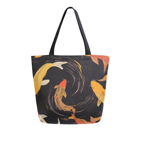 FORMRS Womens Canvas Tote Bag with Zipper Inner Pocket Shoulder Handbag, Black Fish Pattern