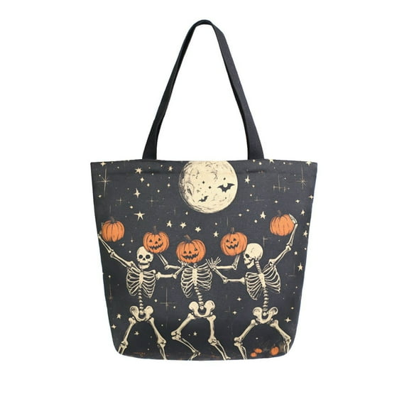 FORMRS Womens Canvas Tote Bag with Zipper Inner Pocket Shoulder Handbag, Black Halloween Dancing Skeleton