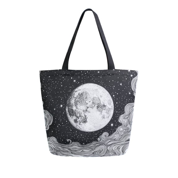 FORMRS Womens Canvas Tote Bag with Zipper Inner Pocket Shoulder Handbag, Black Moon