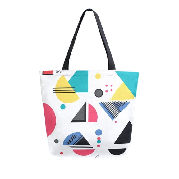 FORMRS Womens Canvas Tote Bag with Zipper Inner Pocket Shoulder Handbag, Black Retro Pattern