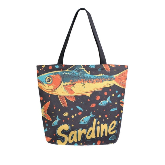 FORMRS Womens Canvas Tote Bag with Zipper Inner Pocket Shoulder Handbag, Black Sardines Pattern