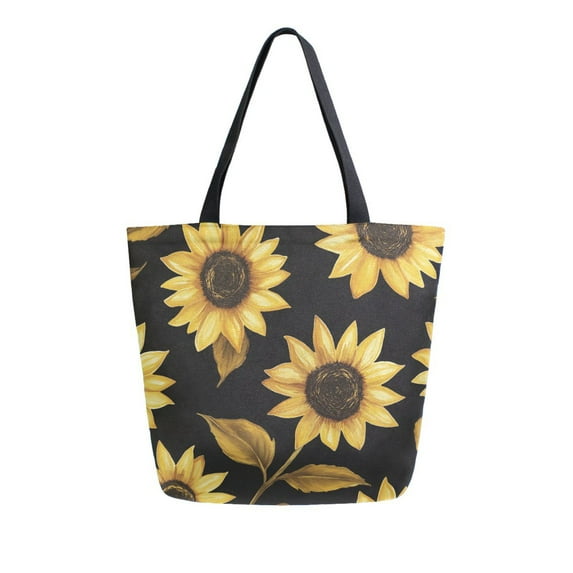 FORMRS Womens Canvas Tote Bag with Zipper Inner Pocket Shoulder Handbag, Black Sunflower Pattern