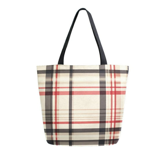 FORMRS Womens Canvas Tote Bag with Zipper Inner Pocket Shoulder Handbag, Black Tartan