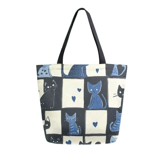 FORMRS Womens Canvas Tote Bag with Zipper Inner Pocket Shoulder Handbag, Black and Blue Cat