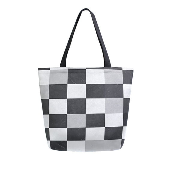 FORMRS Womens Canvas Tote Bag with Zipper Inner Pocket Shoulder Handbag, Black and Gray Plaid Pattern