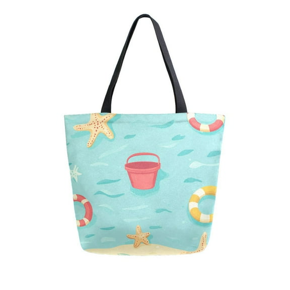 FORMRS Womens Canvas Tote Bag with Zipper Inner Pocket Shoulder Handbag, Blue Beach Pattern