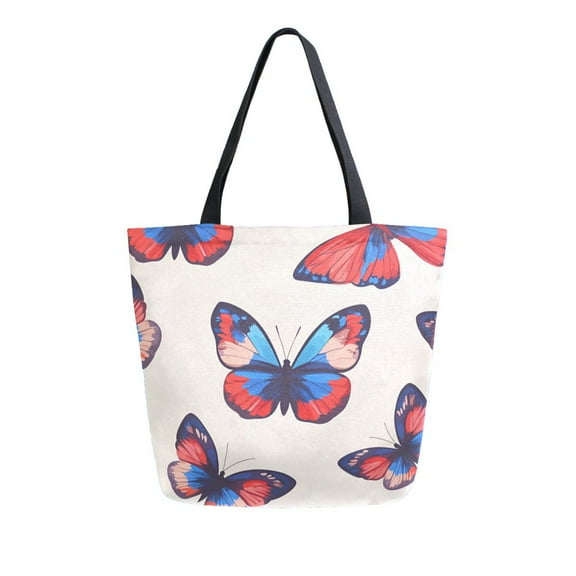 FORMRS Womens Canvas Tote Bag with Zipper Inner Pocket Shoulder Handbag, Blue Butterflies