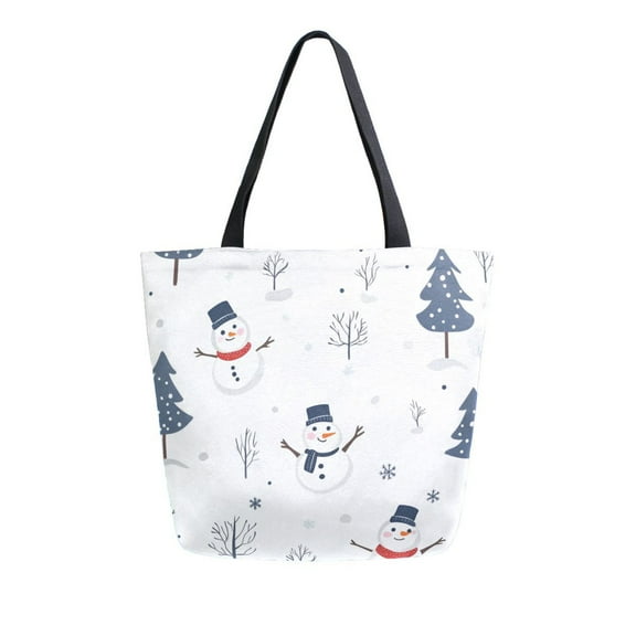 FORMRS Womens Canvas Tote Bag with Zipper Inner Pocket Shoulder Handbag, Blue Cartoon Snowmen