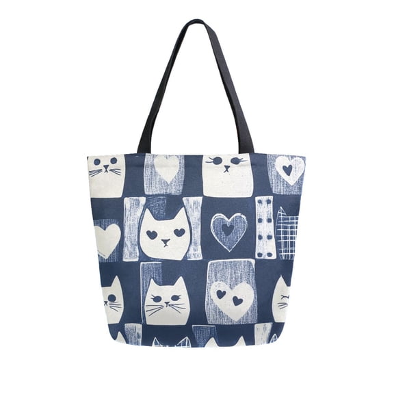 FORMRS Womens Canvas Tote Bag with Zipper Inner Pocket Shoulder Handbag, Blue Cats and Hearts
