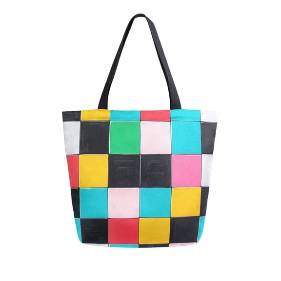 FORMRS Womens Canvas Tote Bag with Zipper Inner Pocket Shoulder Handbag, Blue Checkered Pattern