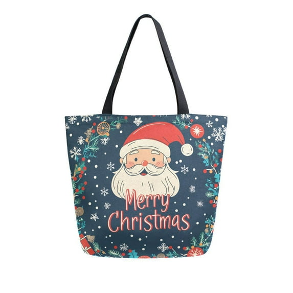 FORMRS Womens Canvas Tote Bag with Zipper Inner Pocket Shoulder Handbag, Blue Christmas Santa