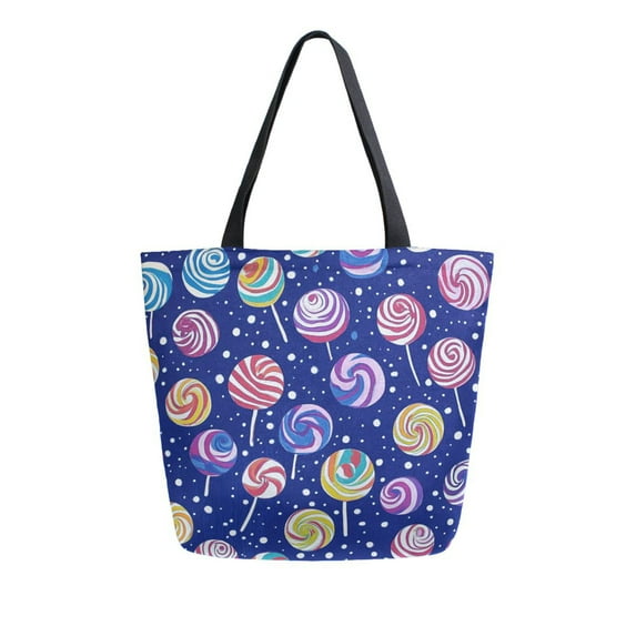 FORMRS Womens Canvas Tote Bag with Zipper Inner Pocket Shoulder Handbag, Blue Colorful Candies