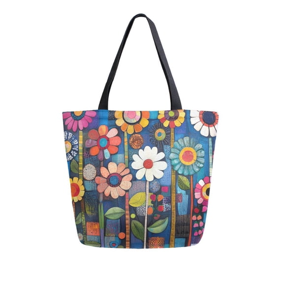 FORMRS Womens Canvas Tote Bag with Zipper Inner Pocket Shoulder Handbag, Blue Colorful Flowers