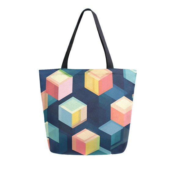 FORMRS Womens Canvas Tote Bag with Zipper Inner Pocket Shoulder Handbag, Blue Cubes