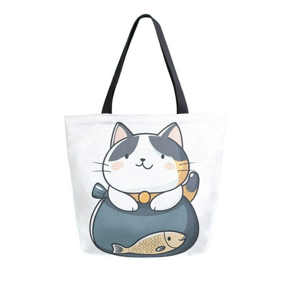 FORMRS Womens Canvas Tote Bag with Zipper Inner Pocket Shoulder Handbag, Blue Cute Cat