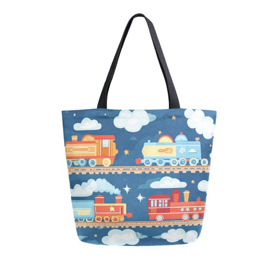 FORMRS Womens Canvas Tote Bag with Zipper Inner Pocket Shoulder Handbag, Blue Cute Train Pattern