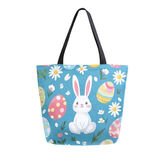 FORMRS Womens Canvas Tote Bag with Zipper Inner Pocket Shoulder Handbag, Blue Easter Bunny