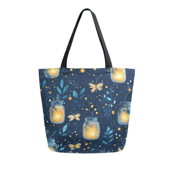 FORMRS Womens Canvas Tote Bag with Zipper Inner Pocket Shoulder Handbag, Blue Fireflies Pattern