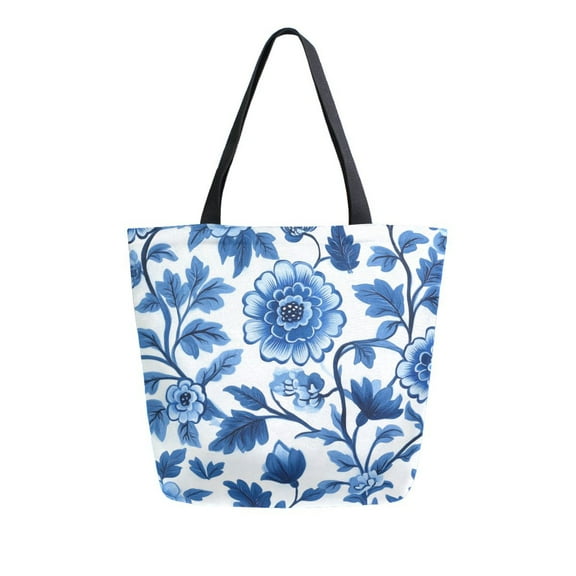 FORMRS Womens Canvas Tote Bag with Zipper Inner Pocket Shoulder Handbag, Blue Floral Pattern