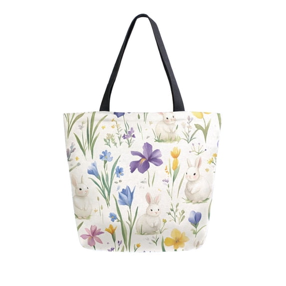 FORMRS Womens Canvas Tote Bag with Zipper Inner Pocket Shoulder Handbag, Blue Floral Rabbit