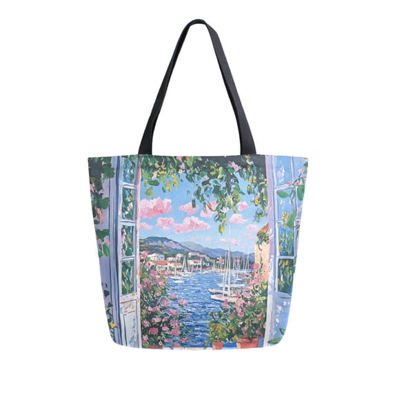 FORMRS Womens Canvas Tote Bag with Zipper Inner Pocket Shoulder Handbag, Blue Floral Window